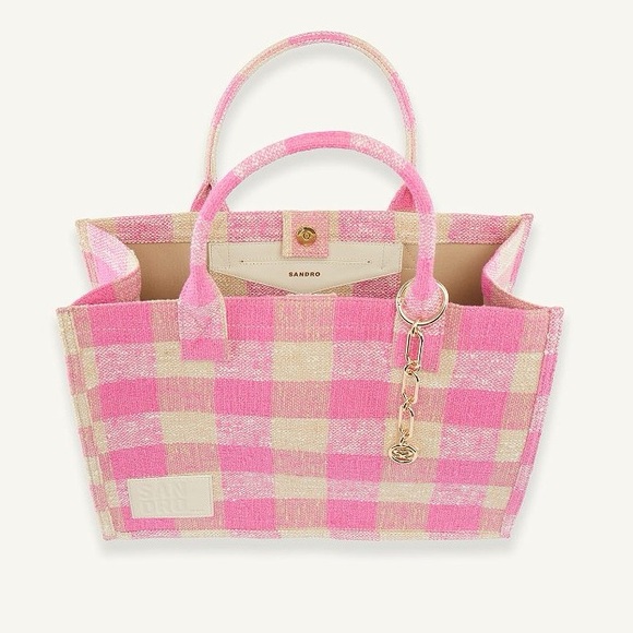 $450 SANDRO Kasbah gingham print cotton‎ tote bag shoulder bag pink cream white - Picture 5 of 10